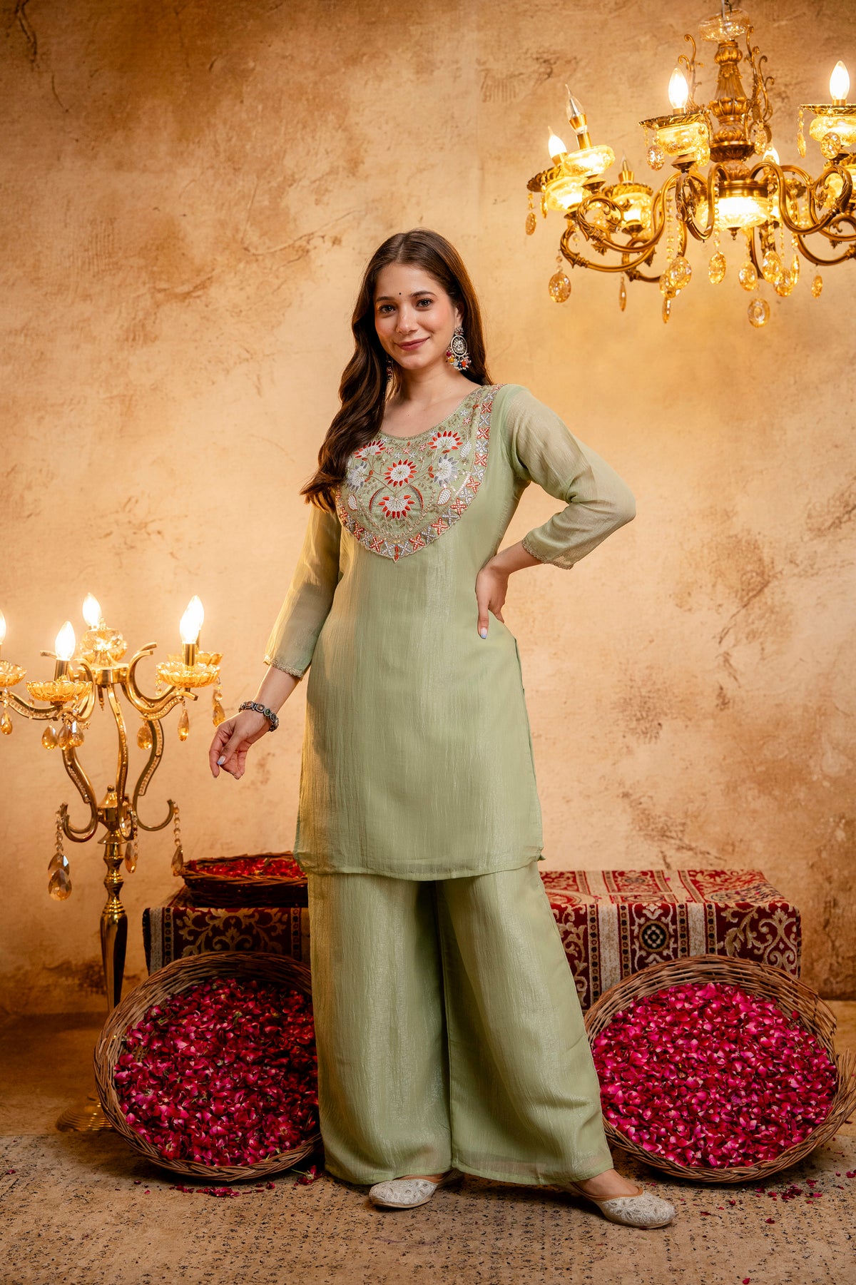 Women’s Embroidered Straight Kurta with Wide-Leg Palazzo Set | Festive Ethnic Wear with Intricate Embroidery & Flared Bottom
