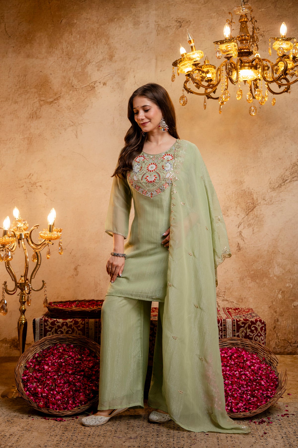Women’s Embroidered Straight Kurta with Wide-Leg Palazzo Set | Festive Ethnic Wear with Intricate Embroidery & Flared Bottom