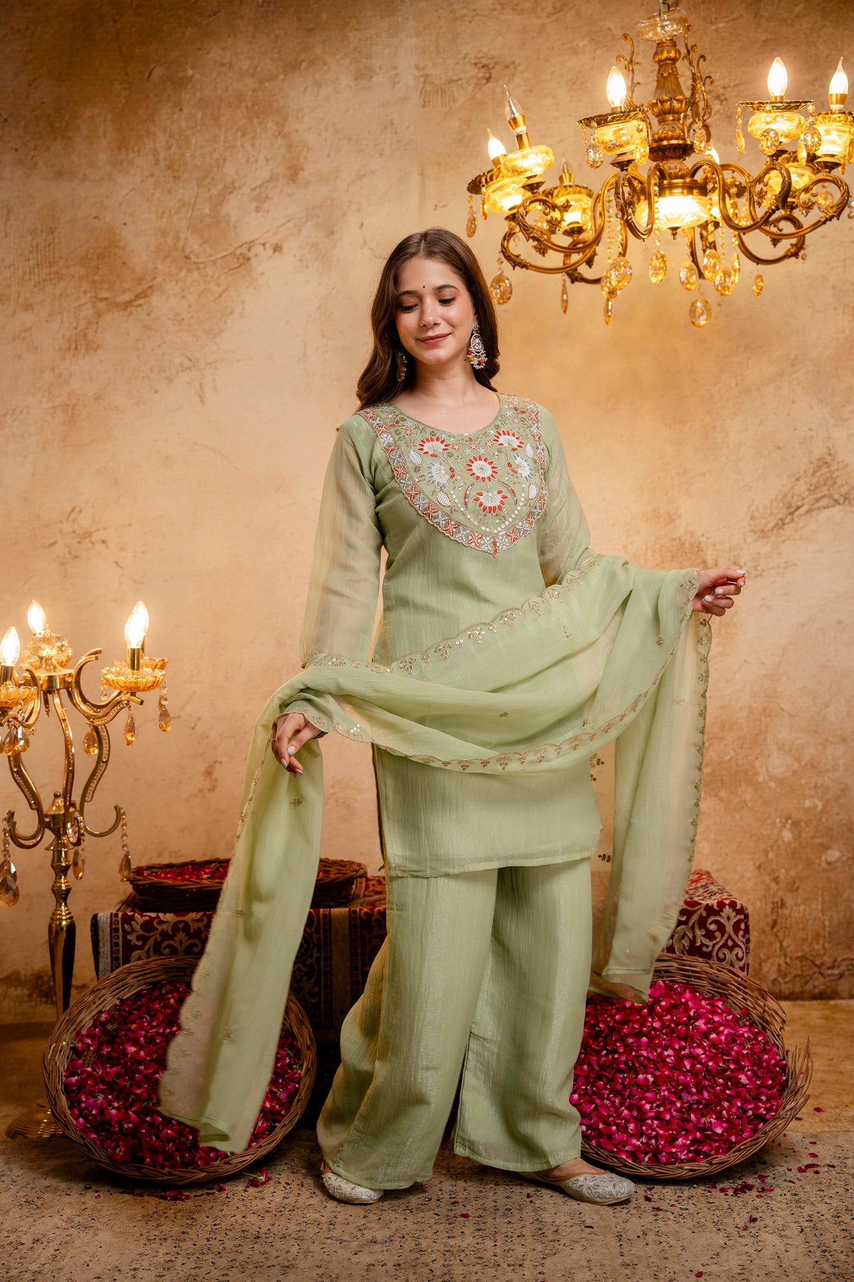 Women’s Embroidered Straight Kurta with Wide-Leg Palazzo Set | Festive Ethnic Wear with Intricate Embroidery & Flared Bottom