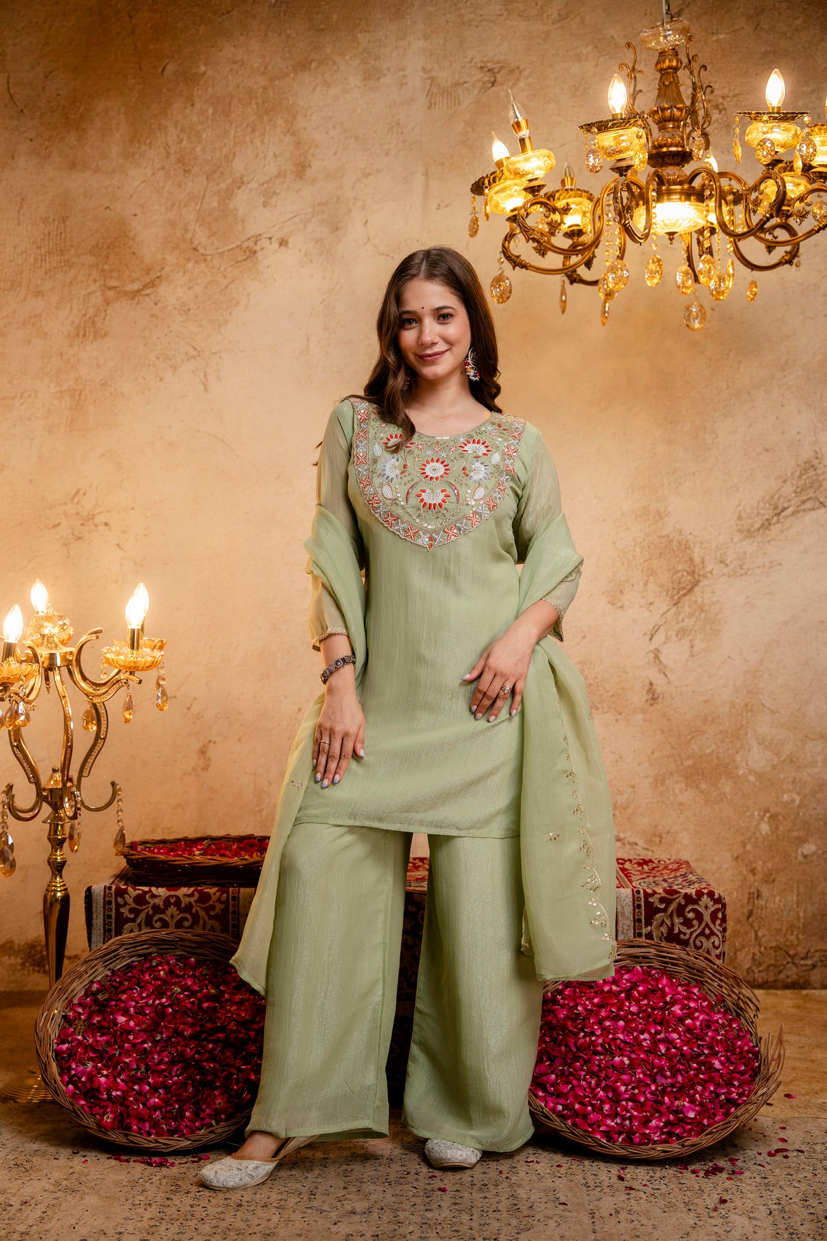 Women’s Embroidered Straight Kurta with Wide-Leg Palazzo Set | Festive Ethnic Wear with Intricate Embroidery & Flared Bottom