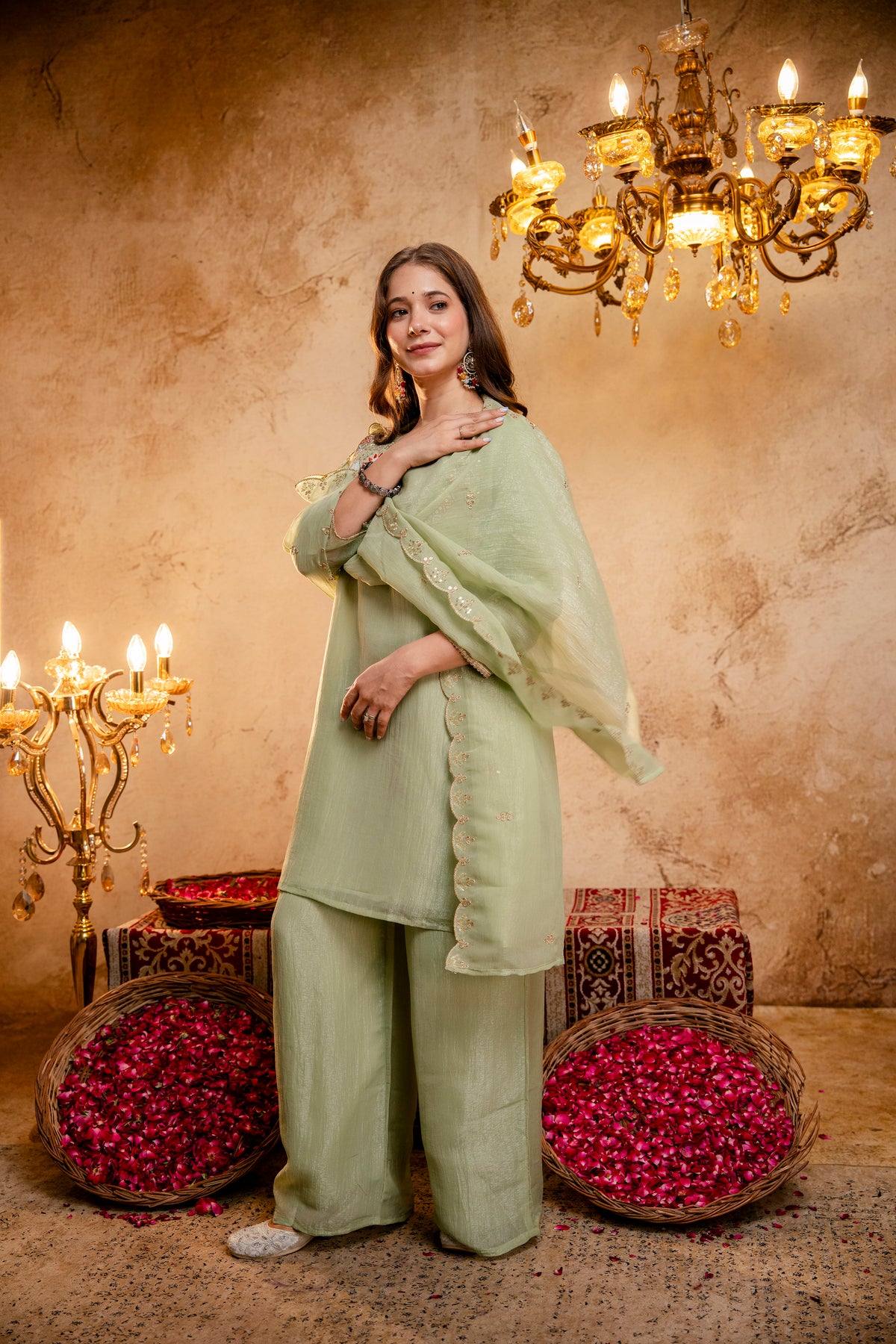 Women’s Embroidered Straight Kurta with Wide-Leg Palazzo Set | Festive Ethnic Wear with Intricate Embroidery & Flared Bottom