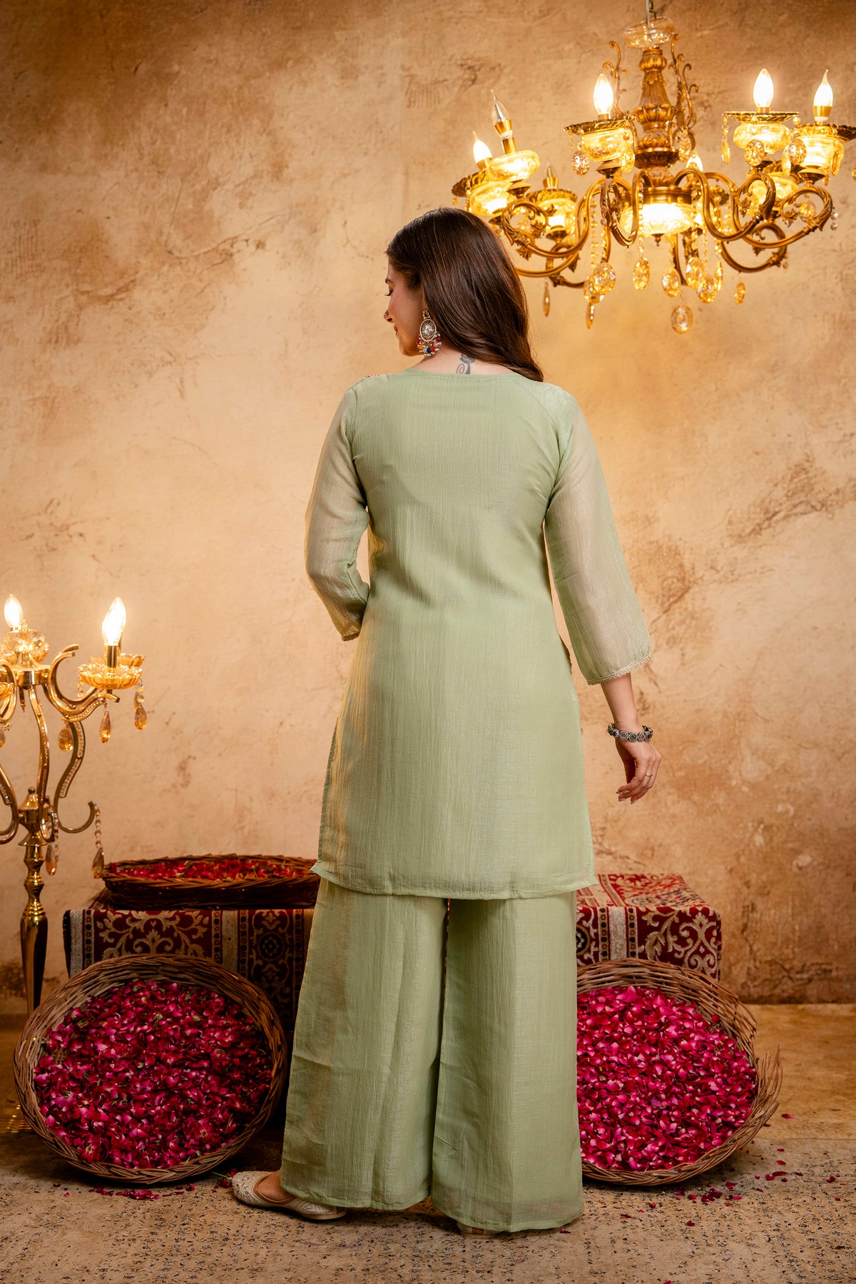 Women’s Embroidered Straight Kurta with Wide-Leg Palazzo Set | Festive Ethnic Wear with Intricate Embroidery & Flared Bottom