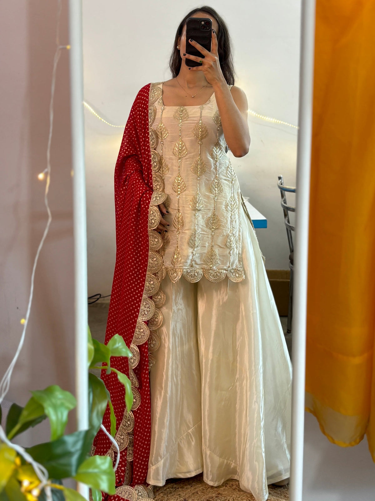 Ivory Silk Sharara Set with Golden Thread Embroidery & Red Bandhej Dupatta – Festive & Wedding Wear