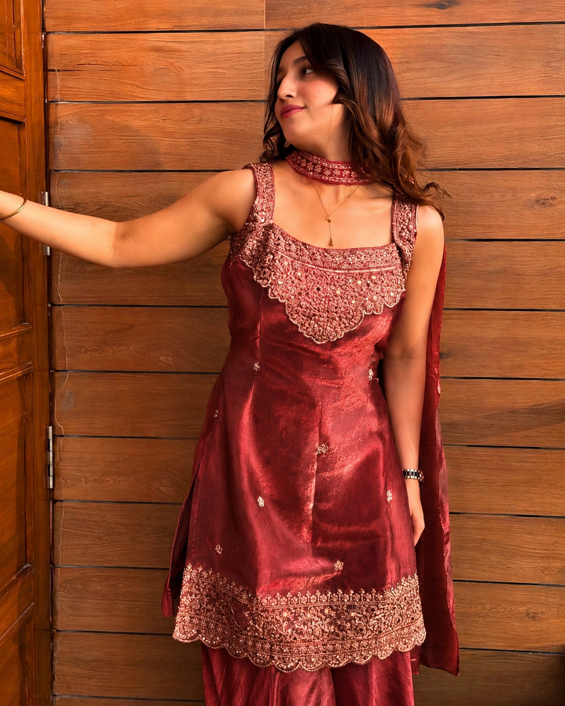 Women's  Chinon Embroidered Kurta Sharara Set with Dupatta | Sleeveless Ethnic Party Wear Suit for Women & Girls