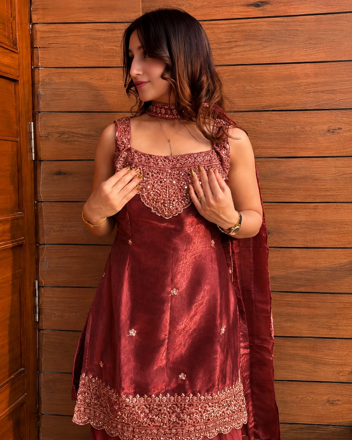 Women's  Chinon Embroidered Kurta Sharara Set with Dupatta | Sleeveless Ethnic Party Wear Suit for Women & Girls