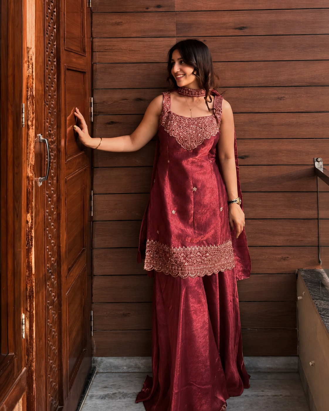 Women's  Chinon Embroidered Kurta Sharara Set with Dupatta | Sleeveless Ethnic Party Wear Suit for Women & Girls