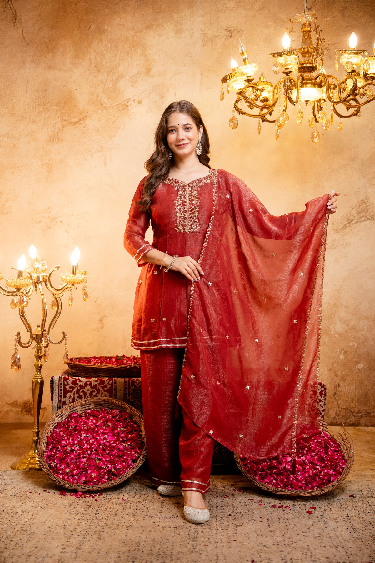 Women's Embroidered Silk Flared Short Kurti & Palazzo Set with Embroidered