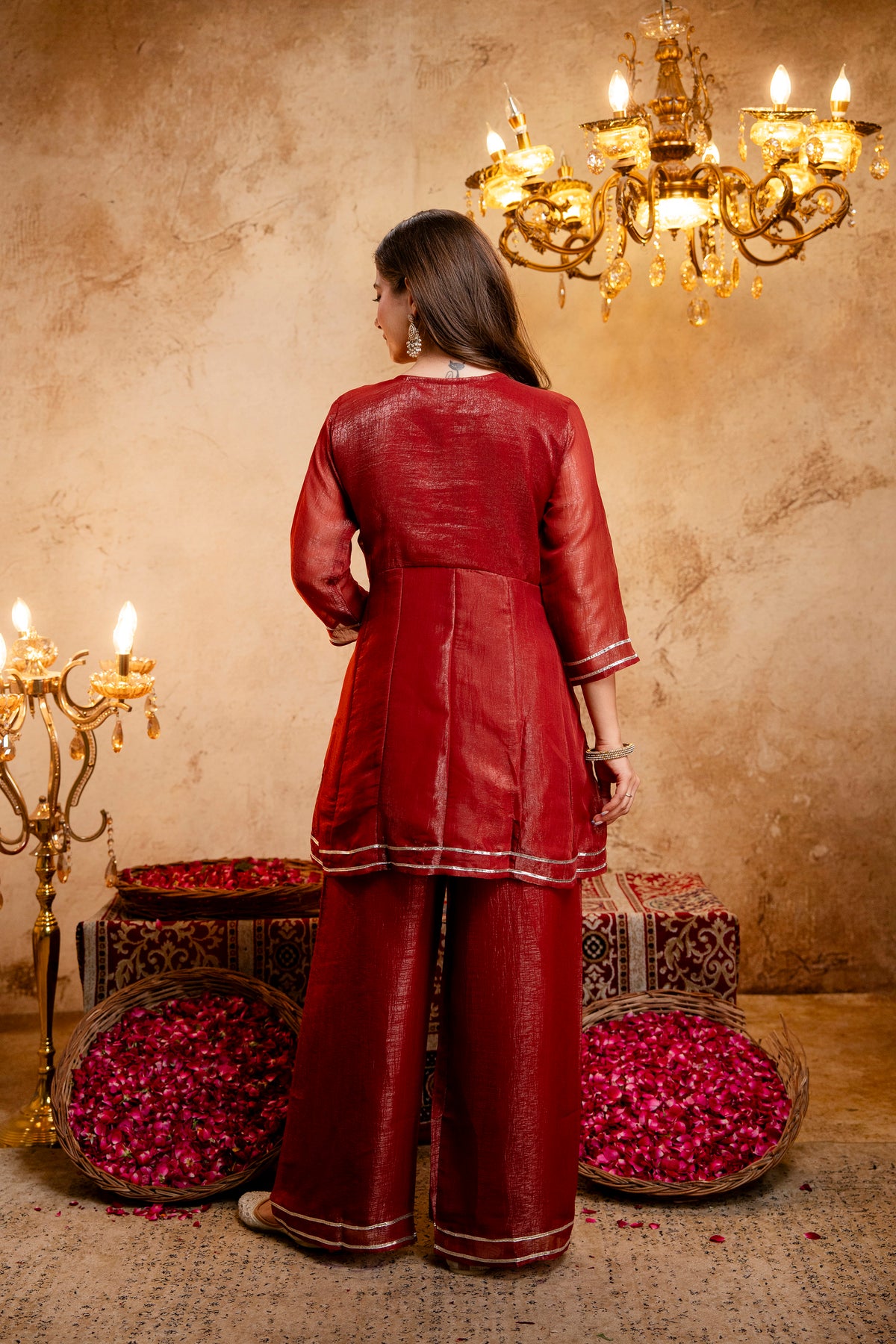 Women's Embroidered Silk Flared Short Kurti & Palazzo Set with Embroidered