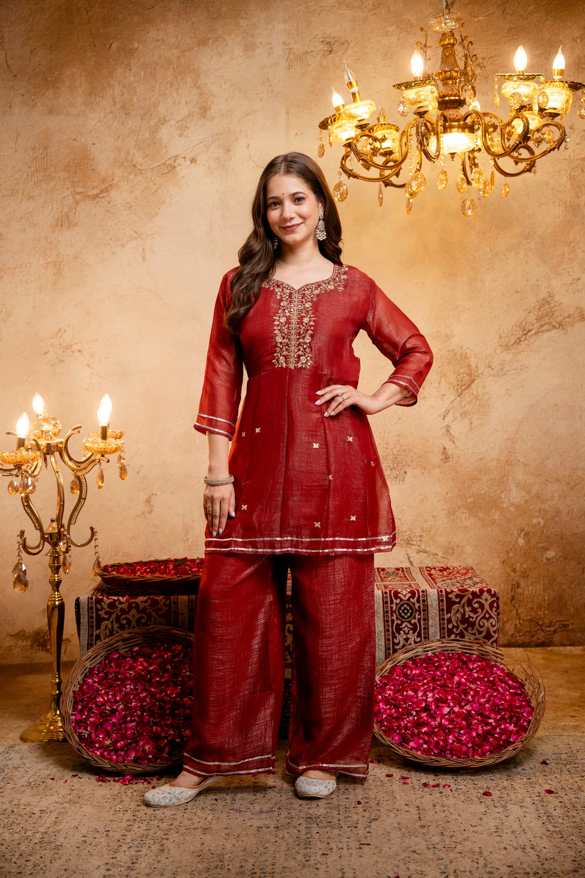 Women's Embroidered Silk Flared Short Kurti & Palazzo Set with Embroidered