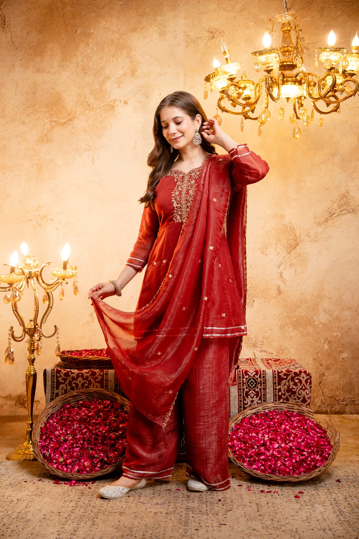Women's Embroidered Silk Flared Short Kurti & Palazzo Set with Embroidered