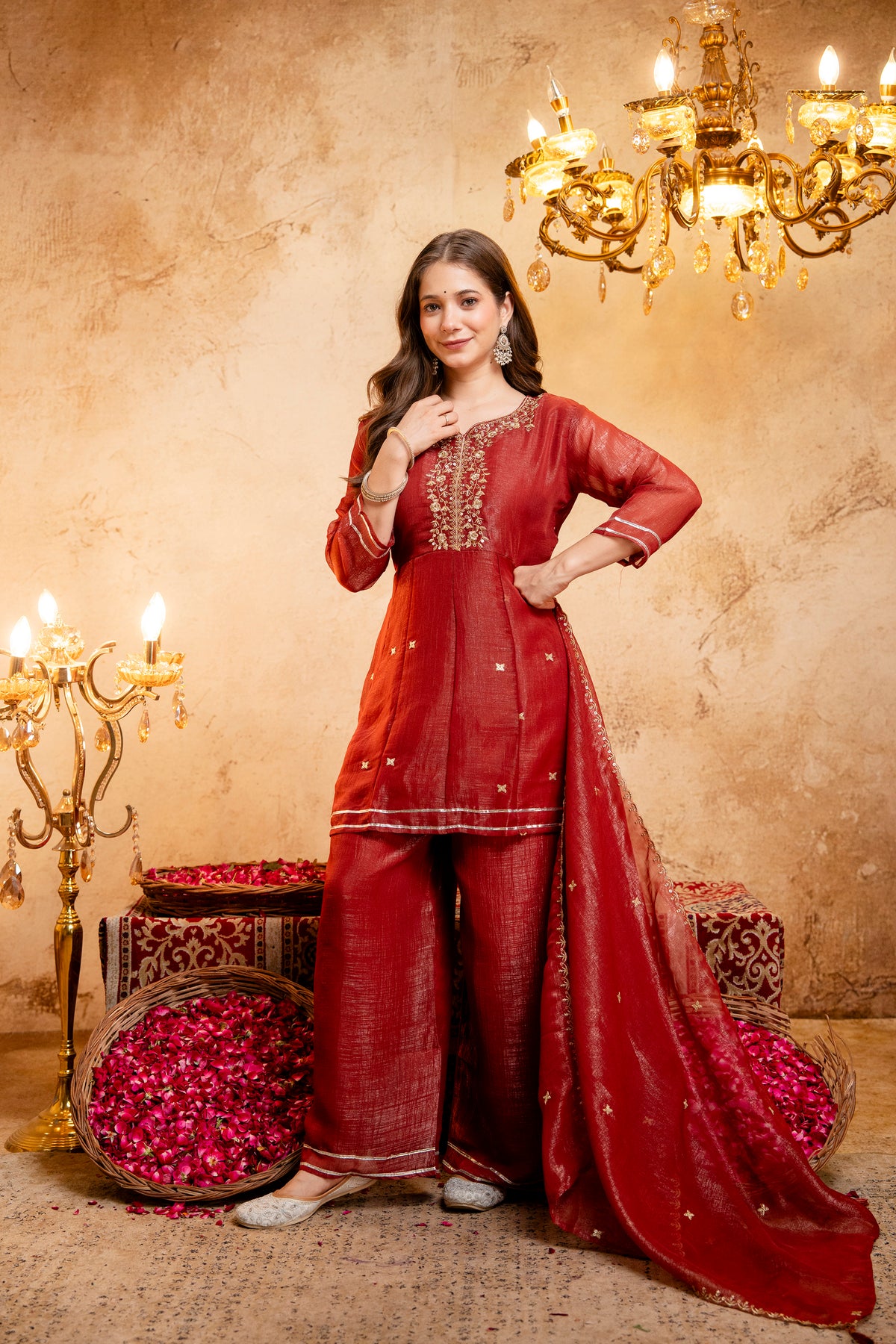 Women's Embroidered Silk Flared Short Kurti & Palazzo Set with Embroidered