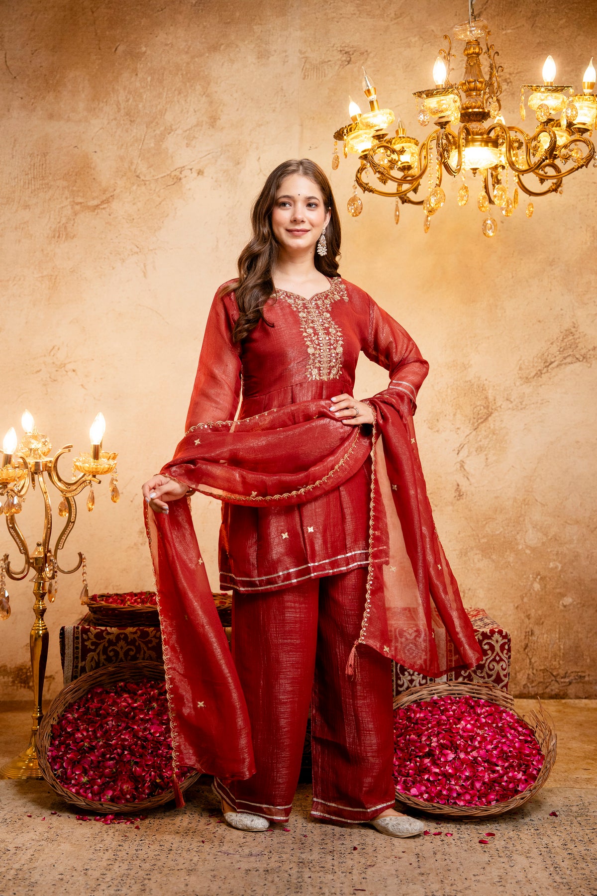 Women's Embroidered Silk Flared Short Kurti & Palazzo Set with Embroidered