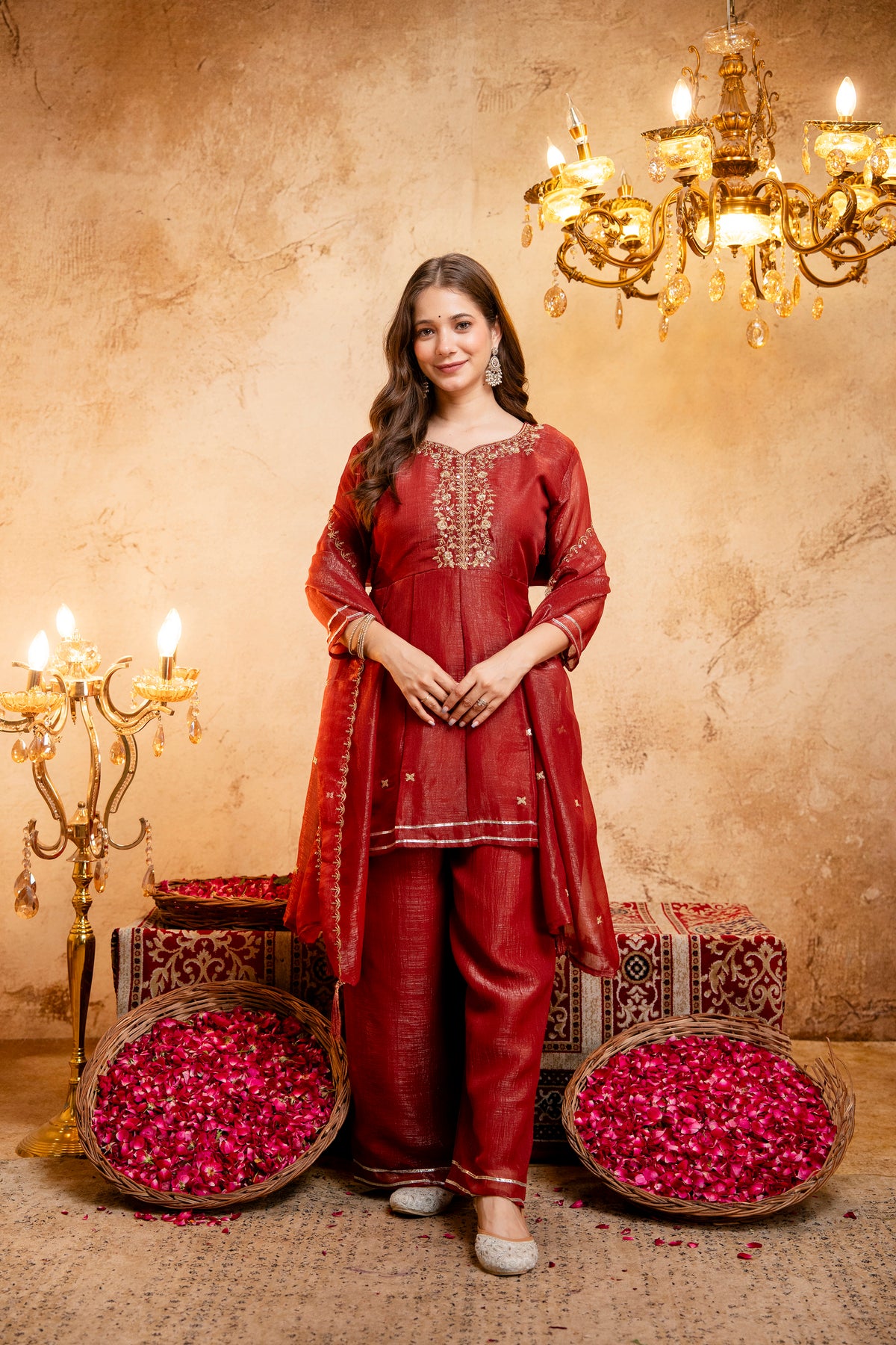 Women's Embroidered Silk Flared Short Kurti & Palazzo Set with Embroidered