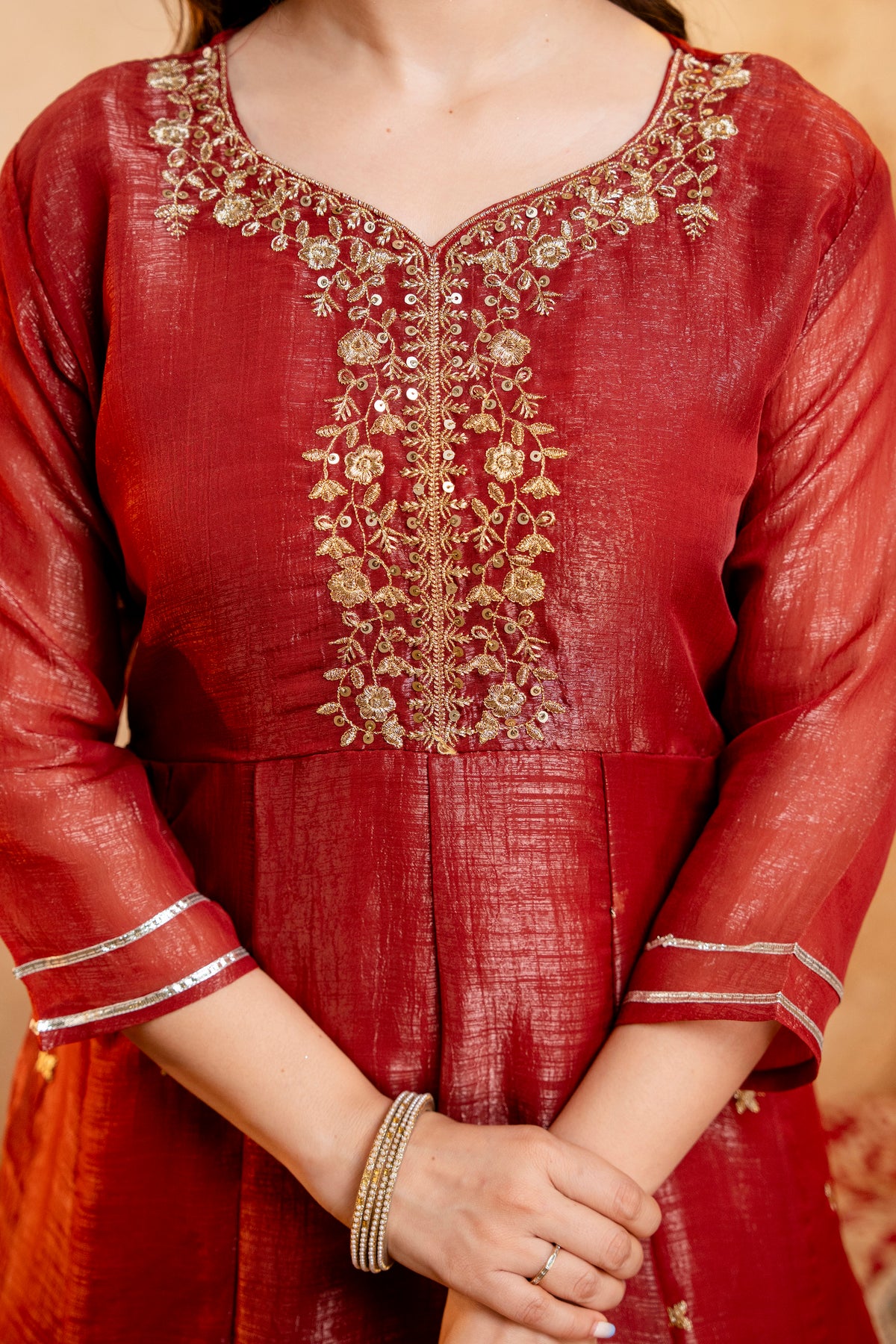 Women's Embroidered Silk Flared Short Kurti & Palazzo Set with Embroidered