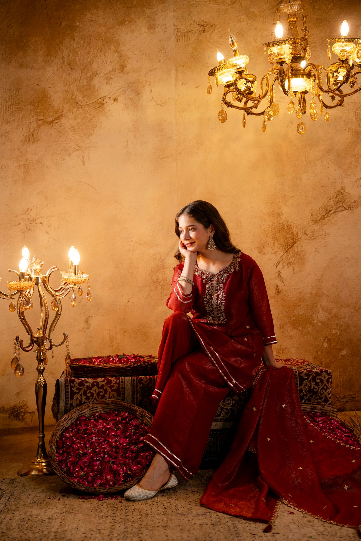 Women's Embroidered Silk Flared Short Kurti & Palazzo Set with Embroidered