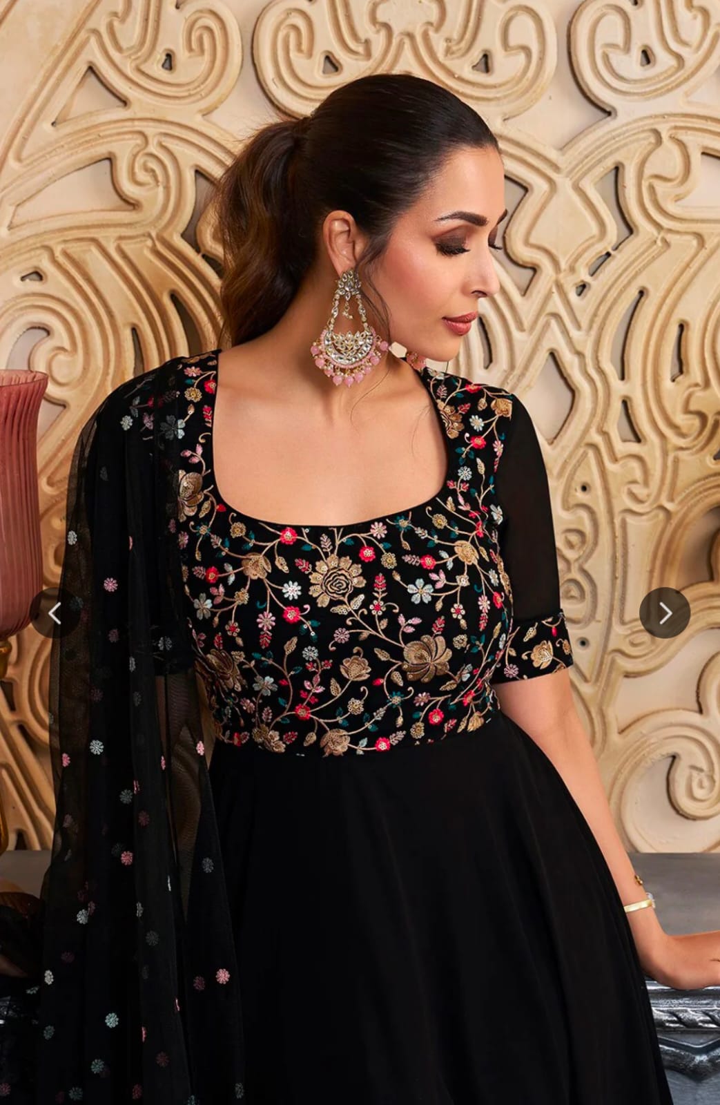 Black Floral Embroidered Sequinned Georgette Anarkali Kurta With Dupatta