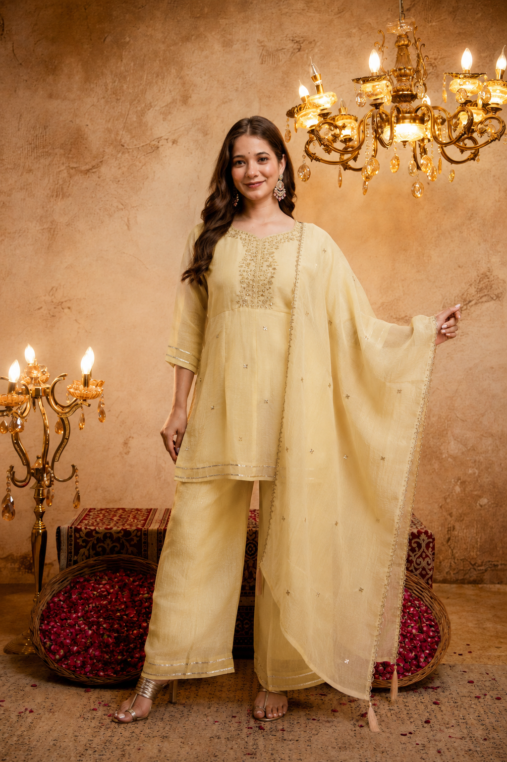 Women's Embroidered Silk Flared Short Kurti & Palazzo Set with Embroidered
