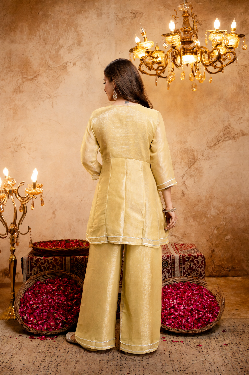 Women's Embroidered Silk Flared Short Kurti & Palazzo Set with Embroidered