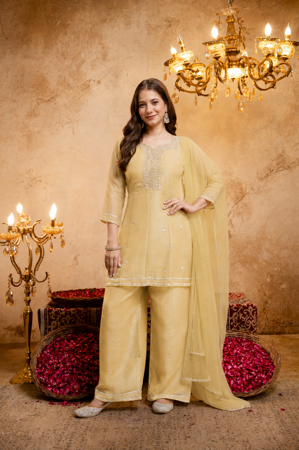 Women's Embroidered Silk Flared Short Kurti & Palazzo Set with Embroidered