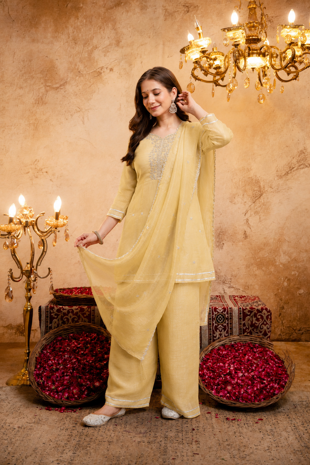 Women's Embroidered Silk Flared Short Kurti & Palazzo Set with Embroidered
