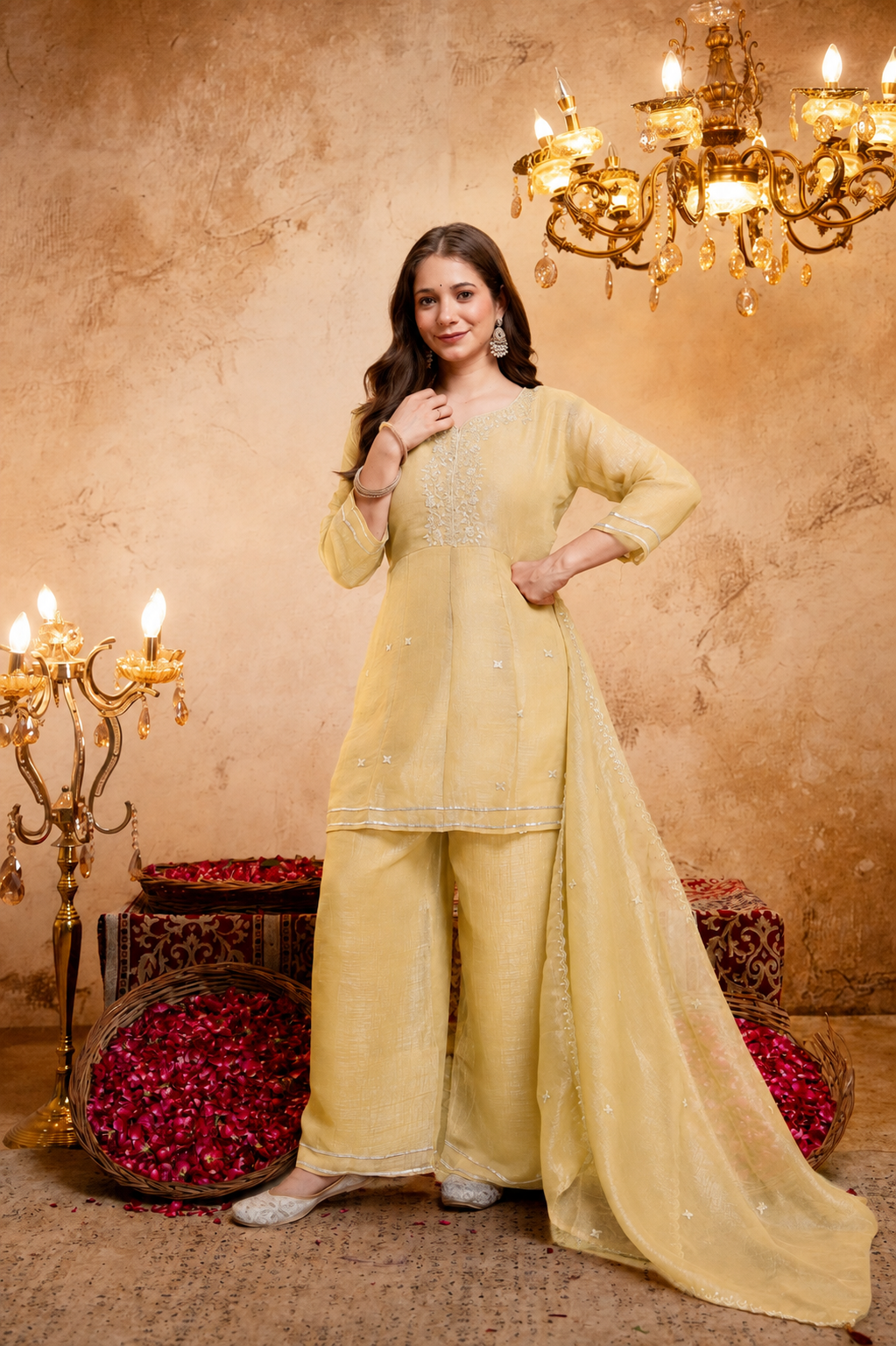 Women's Embroidered Silk Flared Short Kurti & Palazzo Set with Embroidered