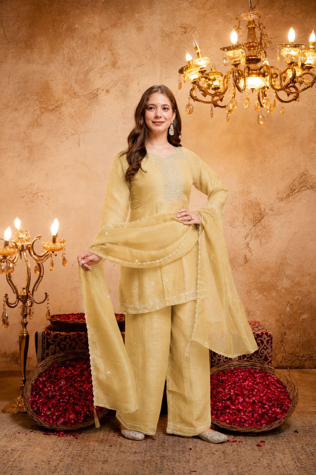 Women's Embroidered Silk Flared Short Kurti & Palazzo Set with Embroidered