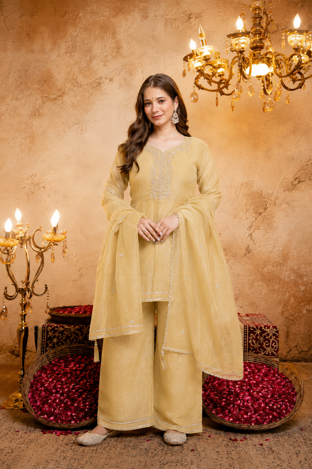 Women's Embroidered Silk Flared Short Kurti & Palazzo Set with Embroidered