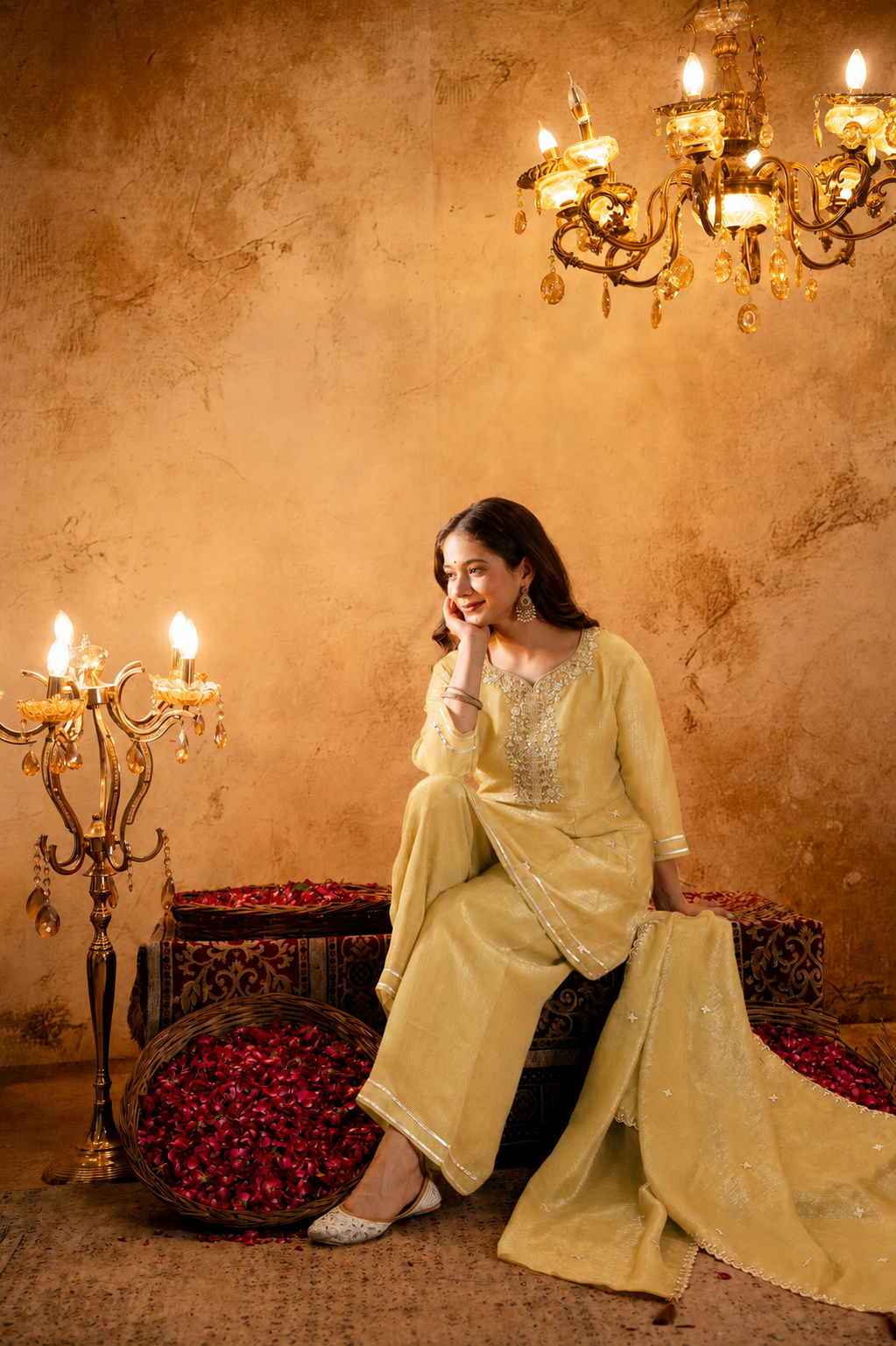 Women's Embroidered Silk Flared Short Kurti & Palazzo Set with Embroidered