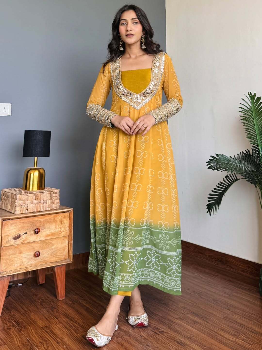 Mustard Yellow & Green Faux Georgette Kurti Set with Mirror Work | 3-Piece Festive Wear