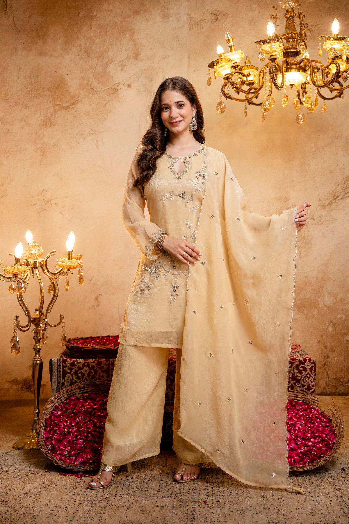 Women's Embroidered Short Kurta with Matching Pant & Dupatta Set