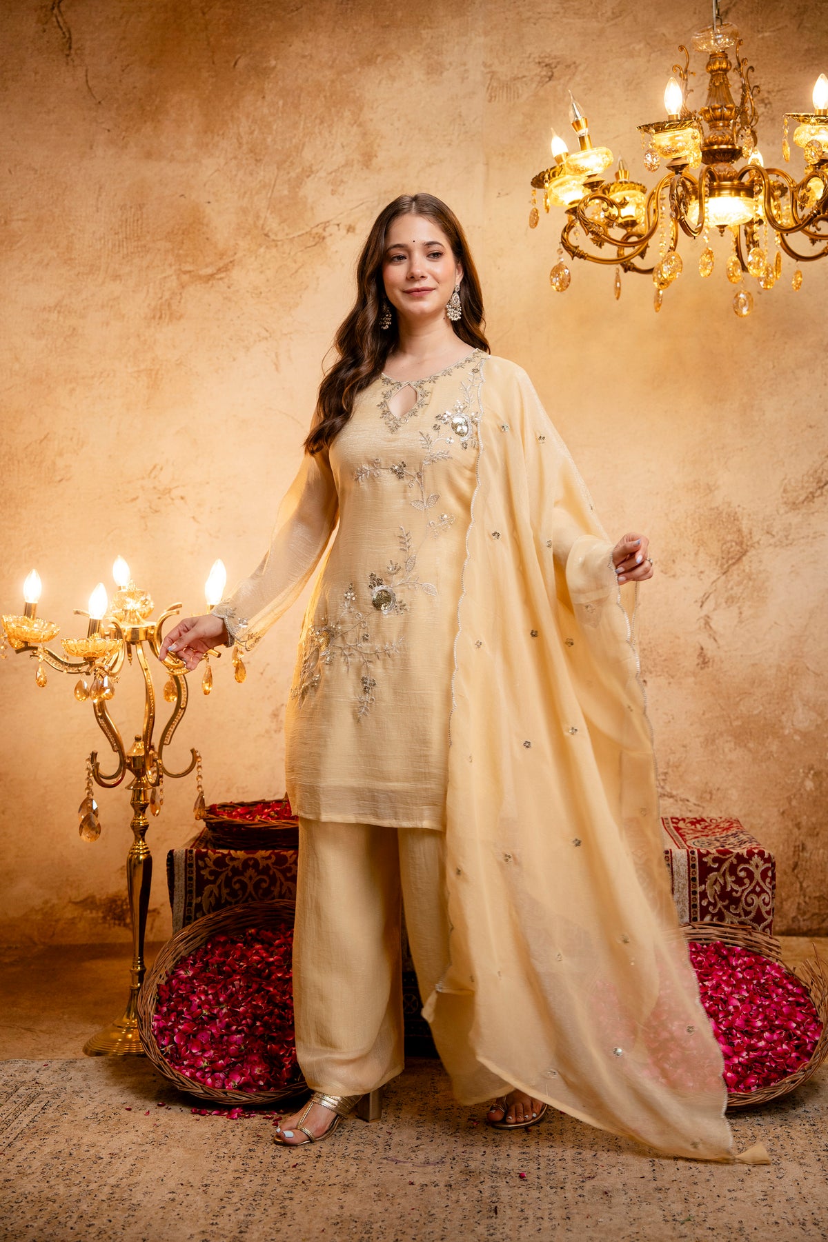 Women's Embroidered Short Kurta with Matching Pant & Dupatta Set