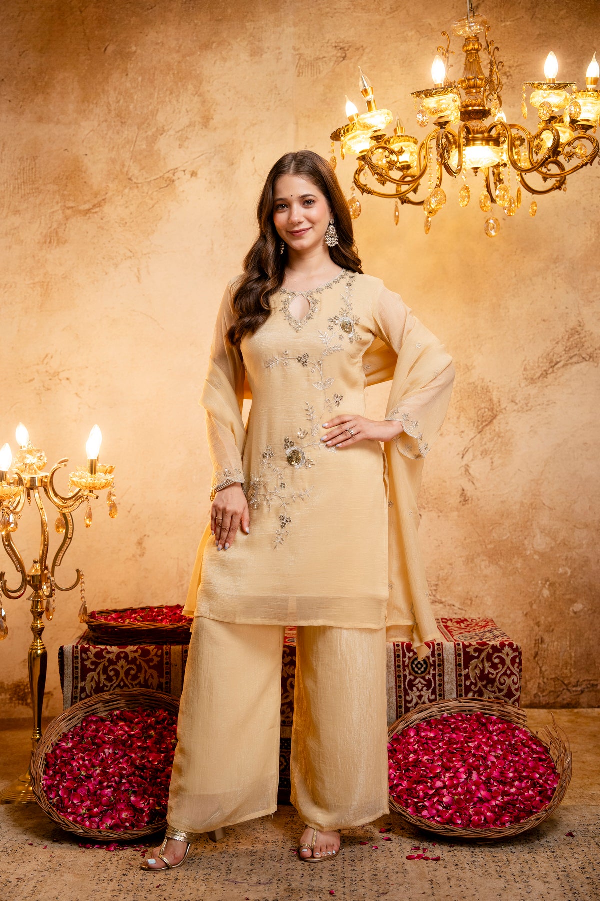 Women's Embroidered Short Kurta with Matching Pant & Dupatta Set