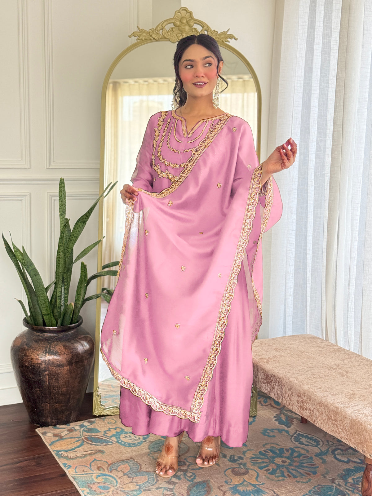 Women's Embroidered Anarkali and Pant with Dupatta Set