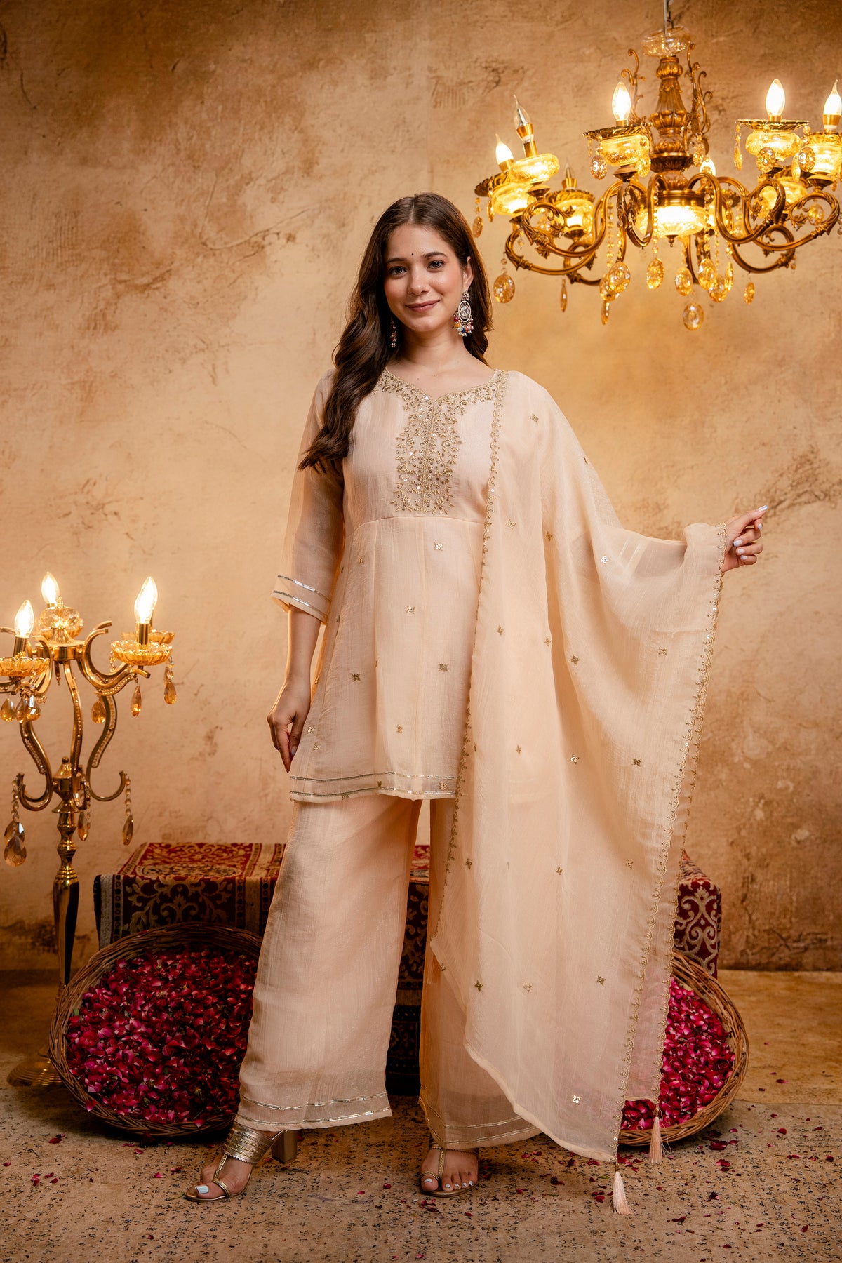 Women's Embroidered Silk Flared Short Kurti & Palazzo Set with Embroidered