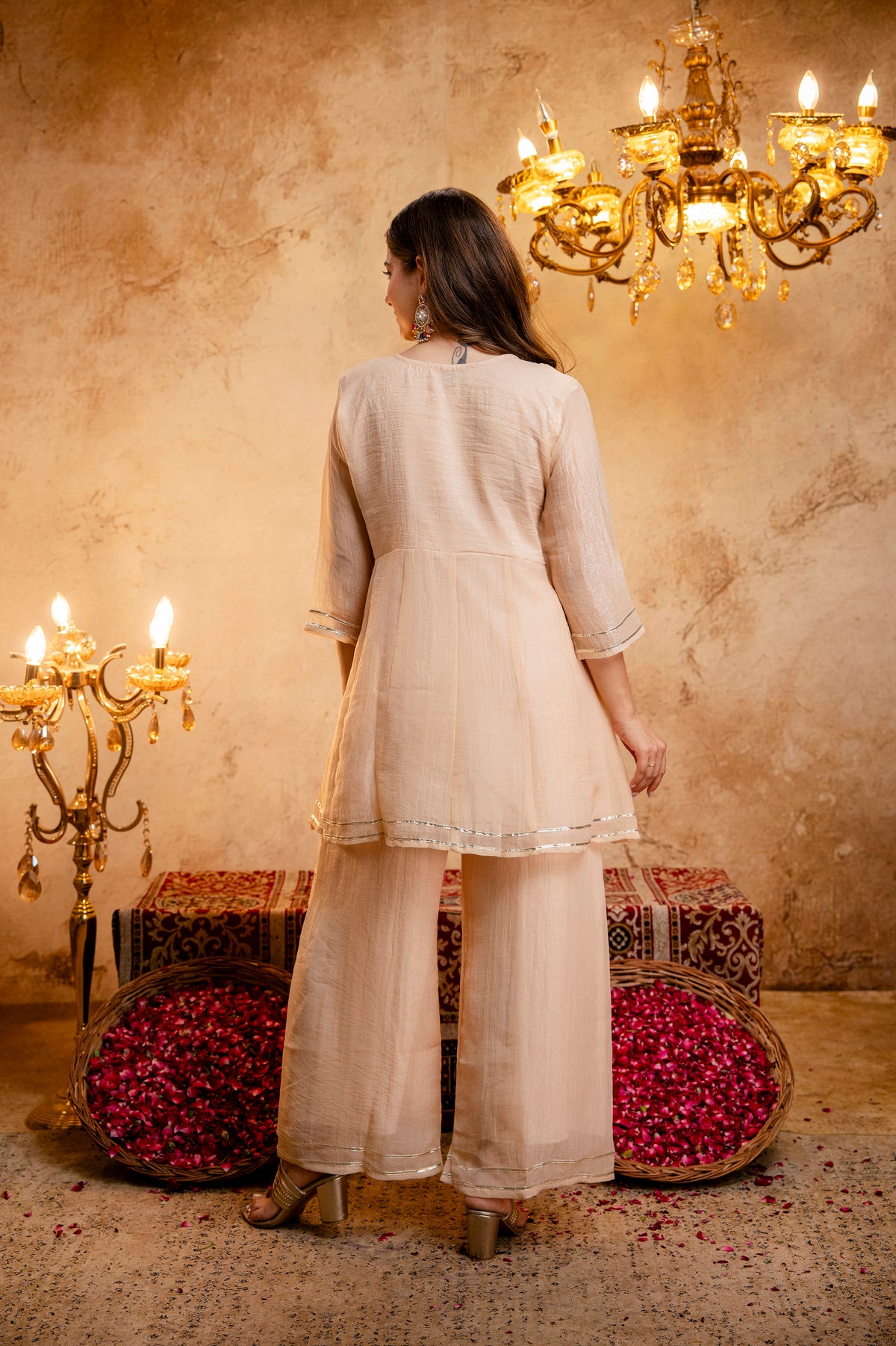 Women's Embroidered Silk Flared Short Kurti & Palazzo Set with Embroidered