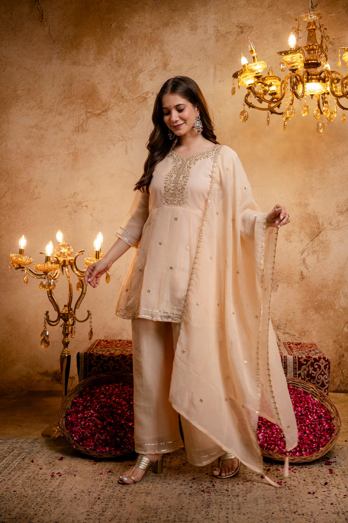 Women's Embroidered Silk Flared Short Kurti & Palazzo Set with Embroidered