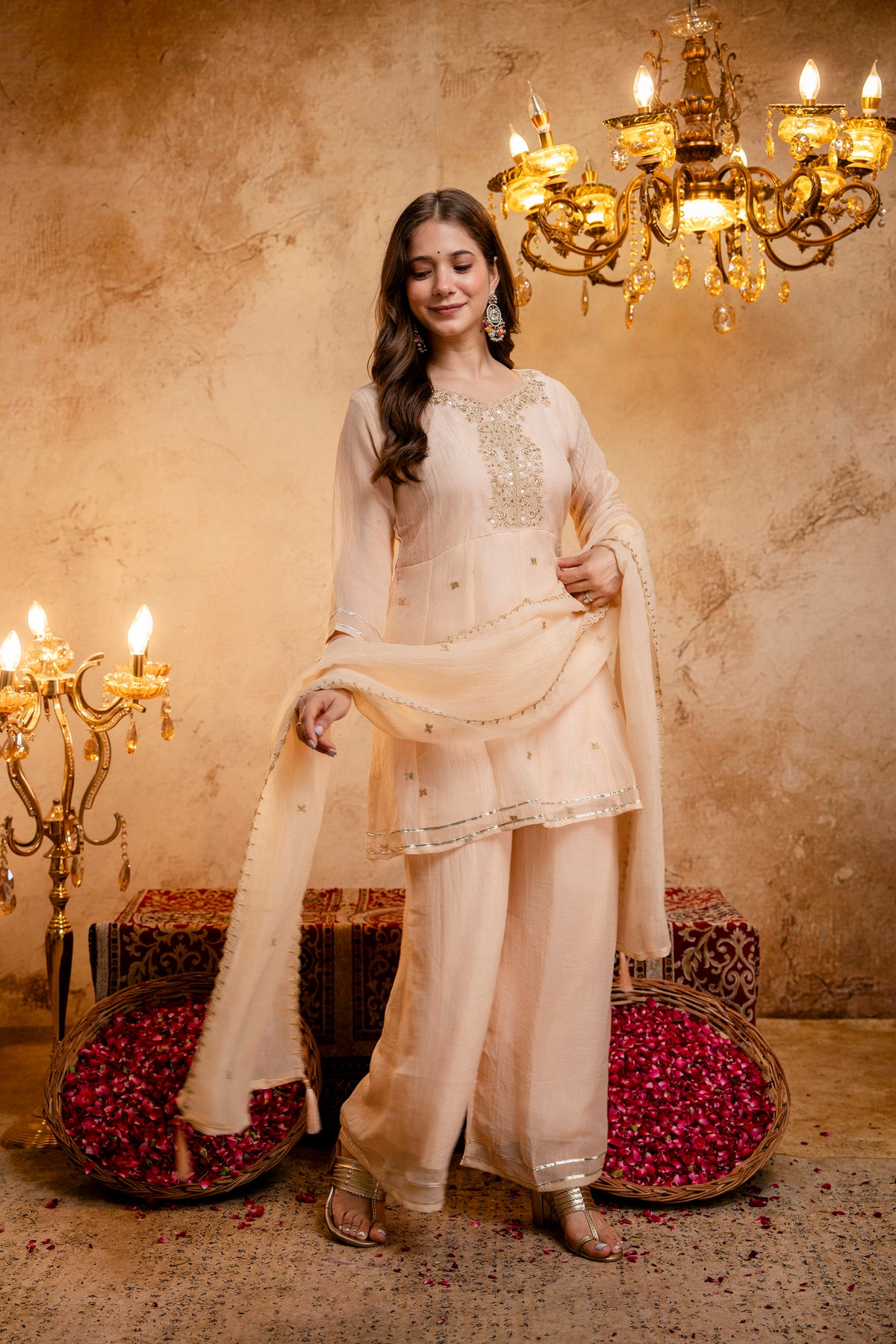 Women's Embroidered Silk Flared Short Kurti & Palazzo Set with Embroidered