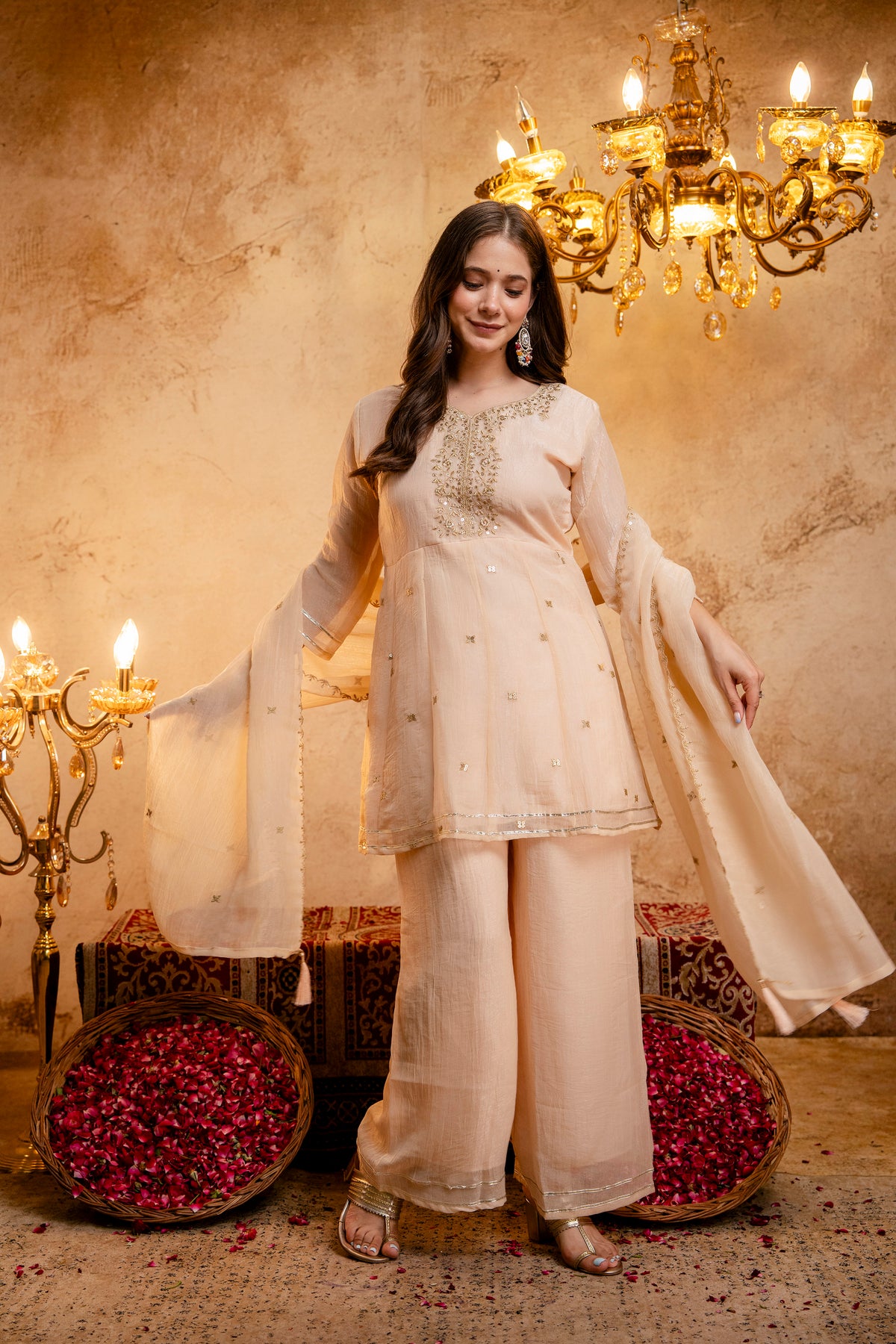 Women's Embroidered Silk Flared Short Kurti & Palazzo Set with Embroidered