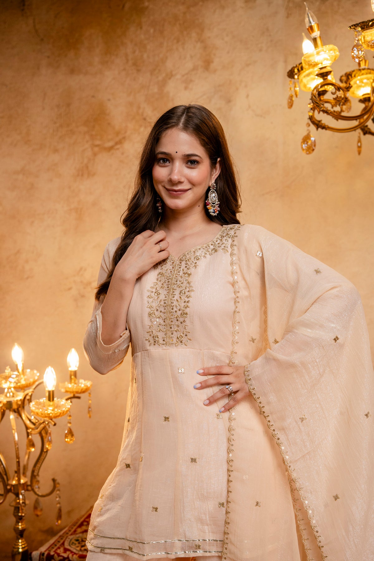 Women's Embroidered Silk Flared Short Kurti & Palazzo Set with Embroidered