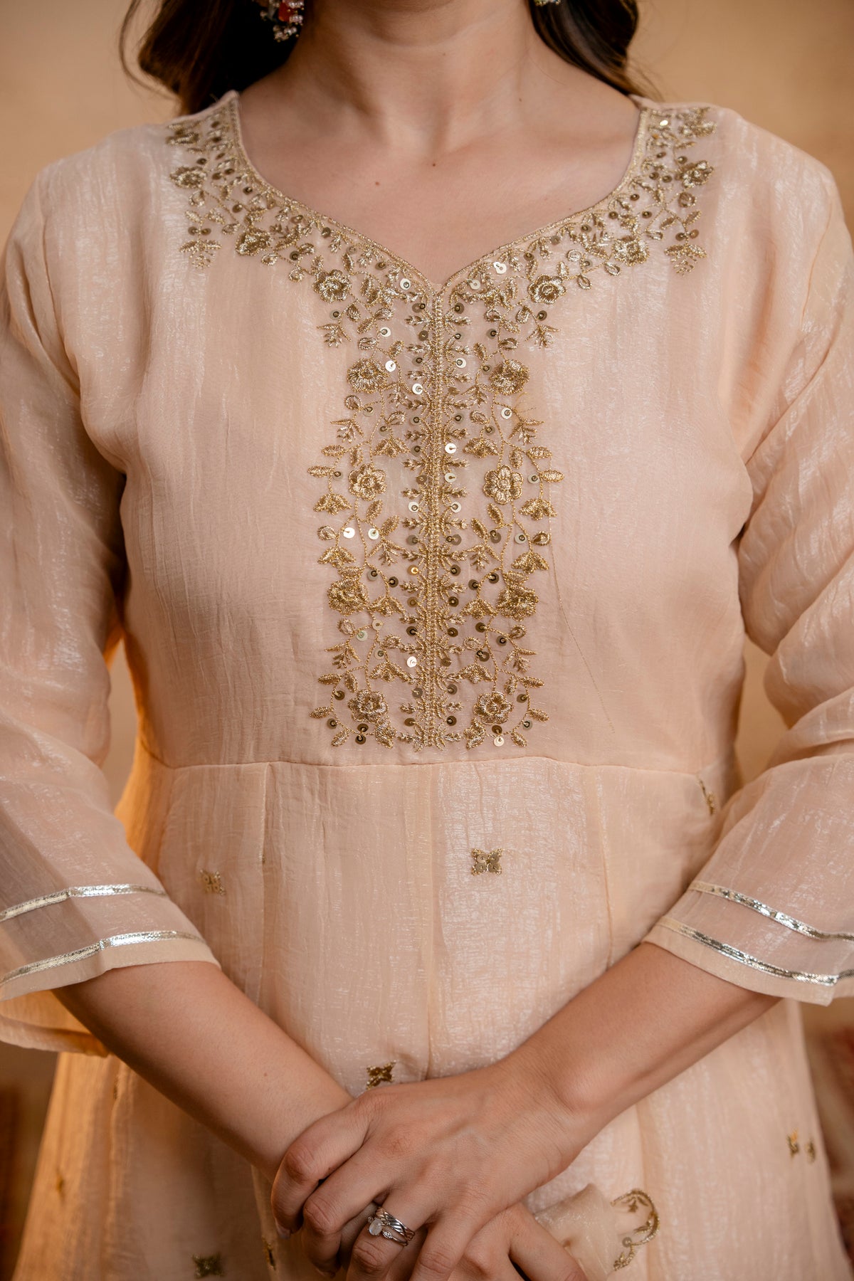 Women's Embroidered Silk Flared Short Kurti & Palazzo Set with Embroidered