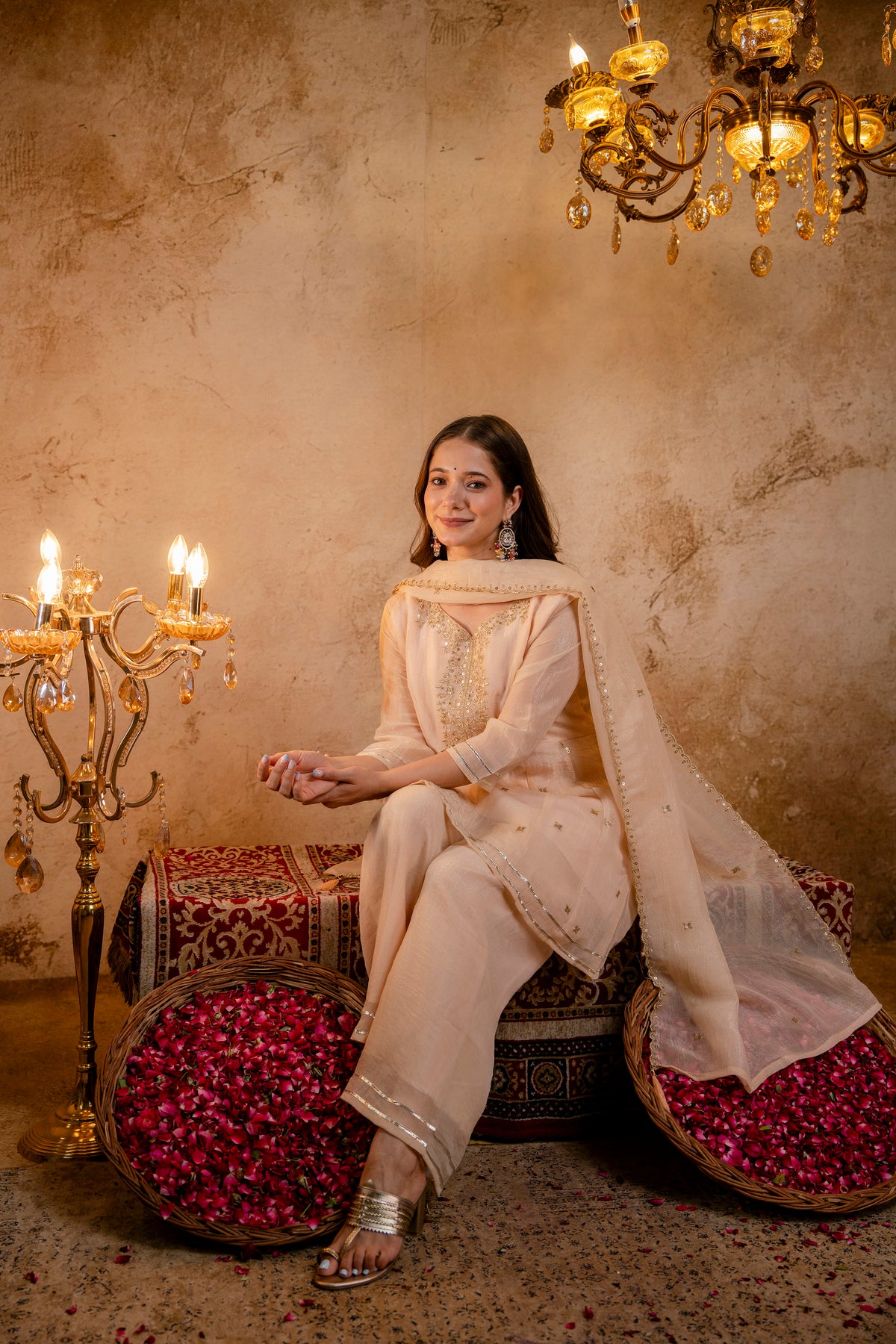 Women's Embroidered Silk Flared Short Kurti & Palazzo Set with Embroidered