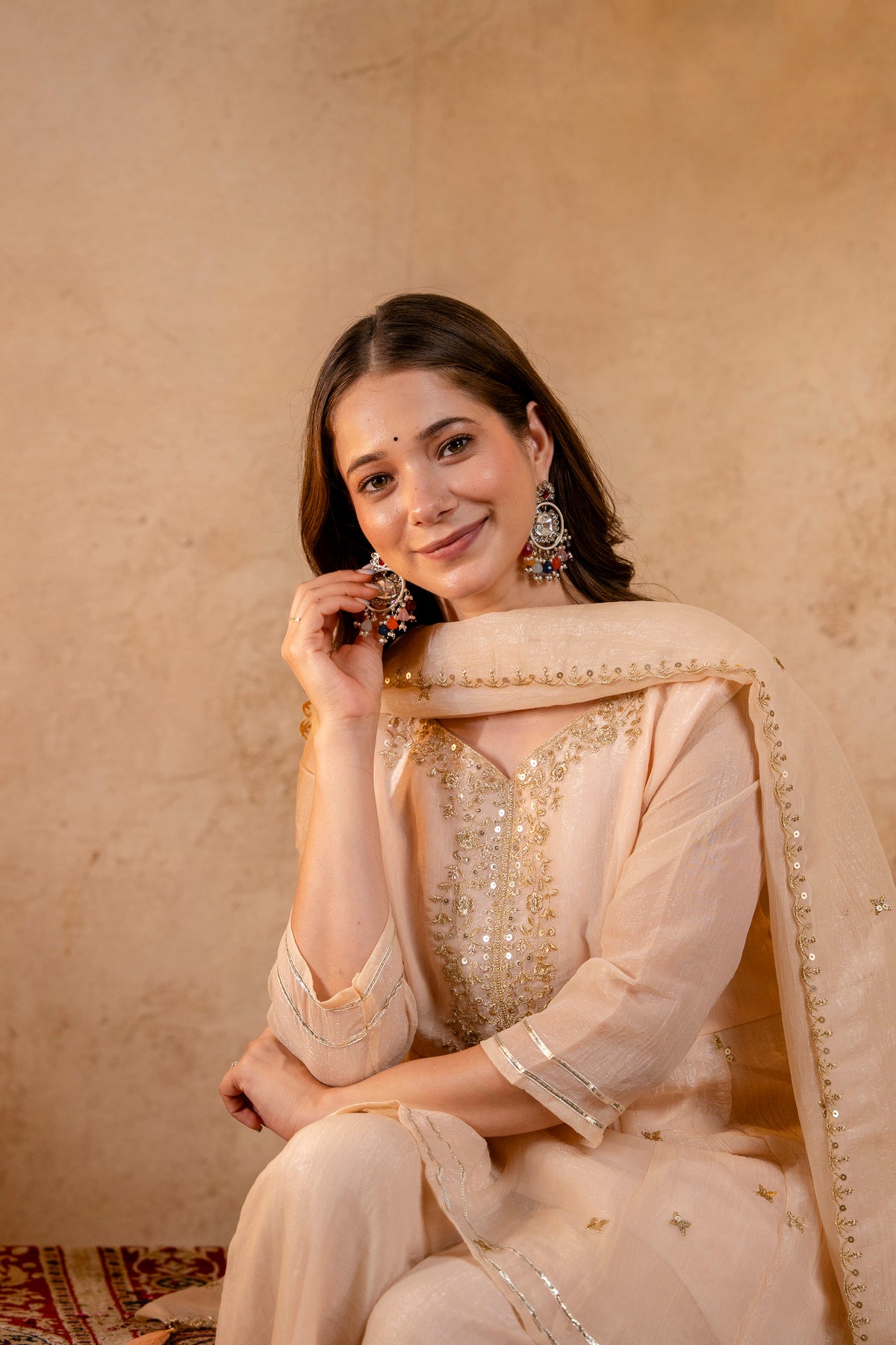 Women's Embroidered Silk Flared Short Kurti & Palazzo Set with Embroidered