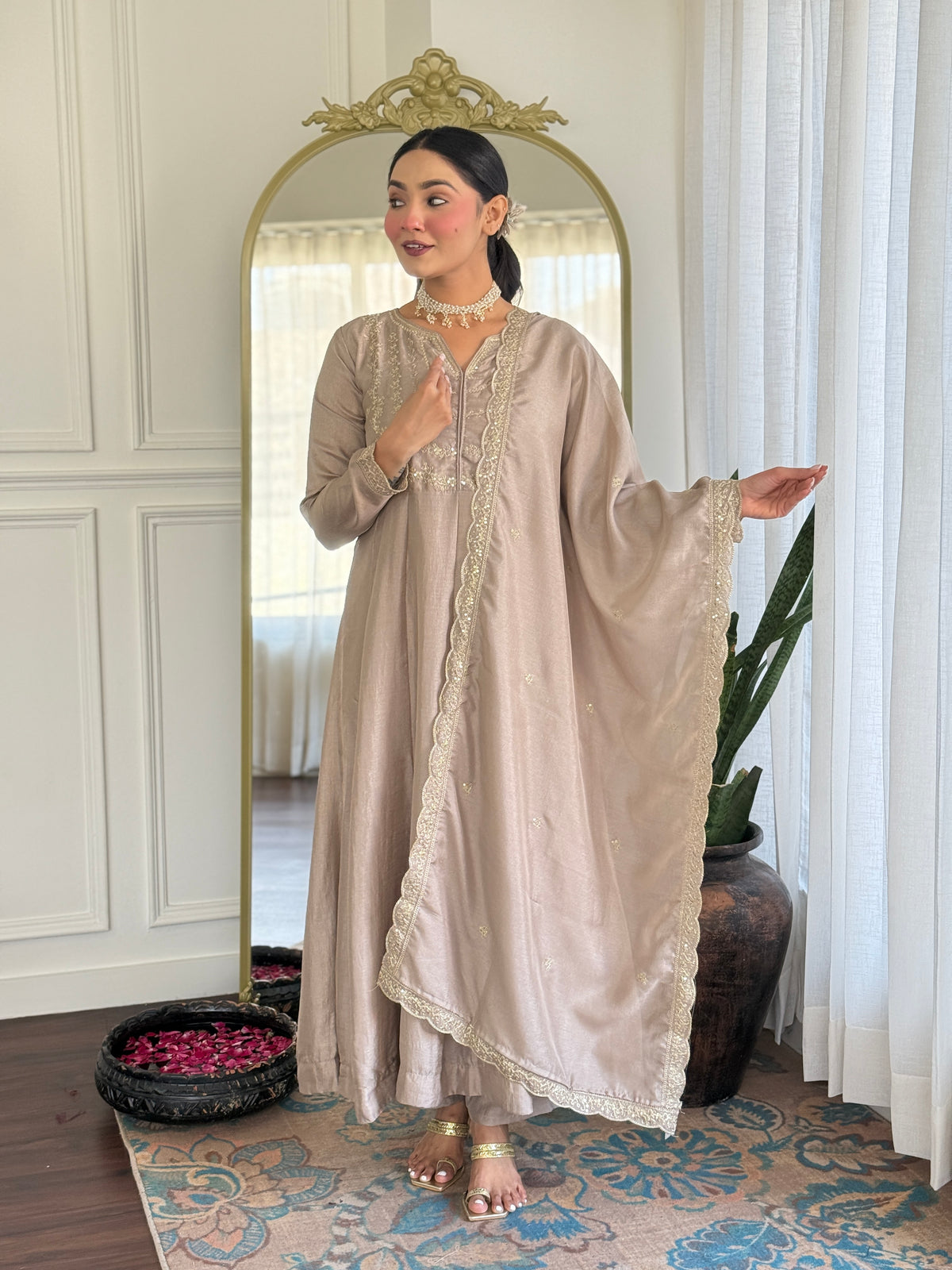 Women's Embroidered Anarkali and Pant with Dupatta Set