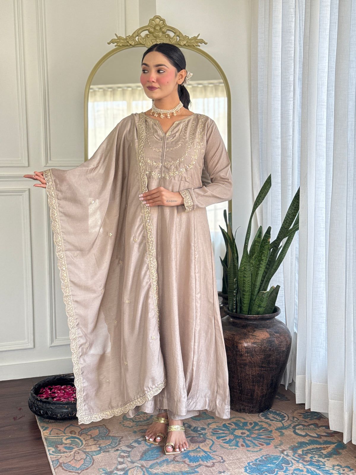 Women's Embroidered Anarkali and Pant with Dupatta Set