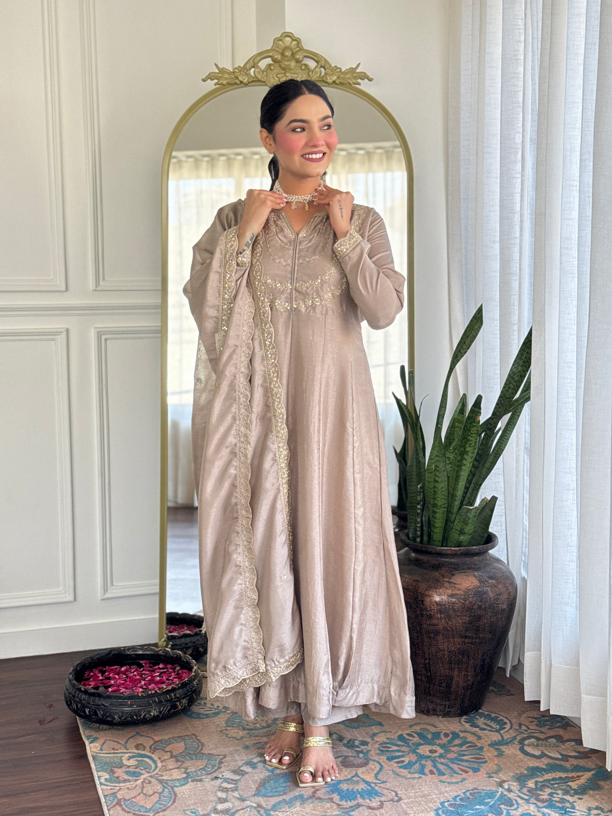 Women's Embroidered Anarkali and Pant with Dupatta Set