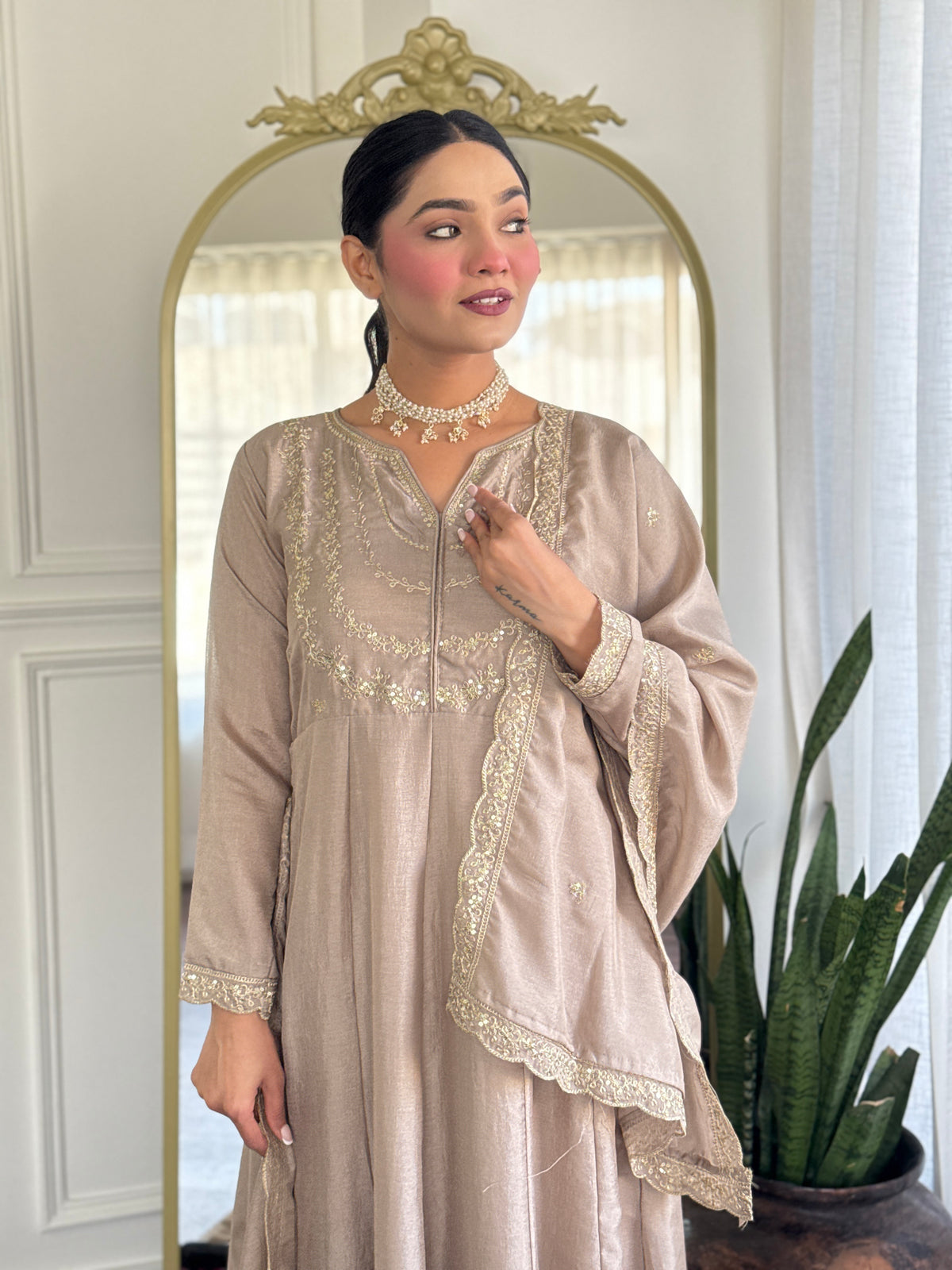 Women's Embroidered Anarkali and Pant with Dupatta Set