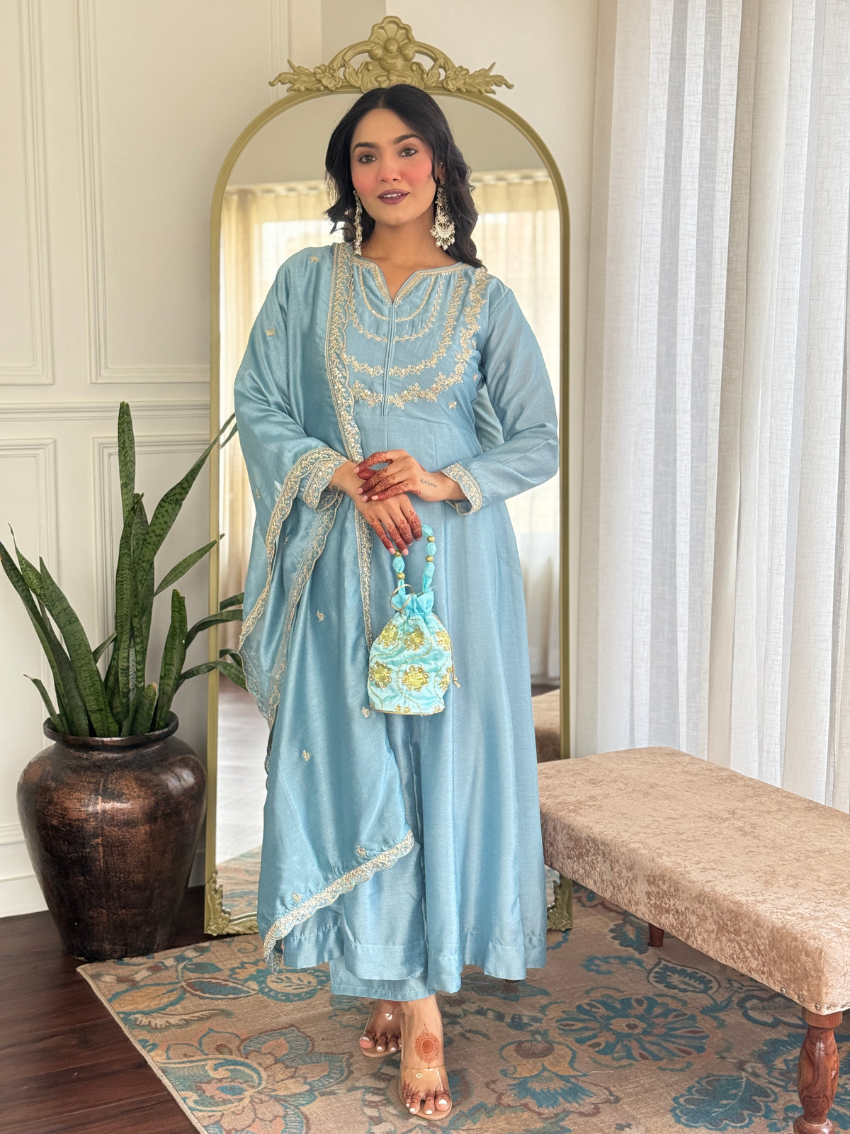 Women's Embroidered Anarkali and Pant with Dupatta Set