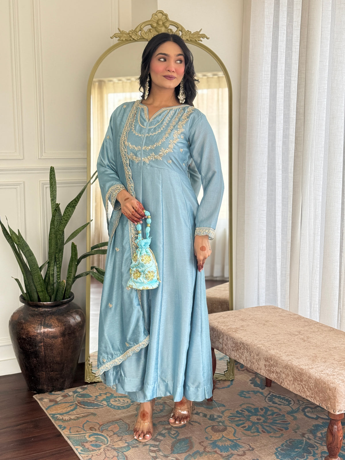 Women's Embroidered Anarkali and Pant with Dupatta Set
