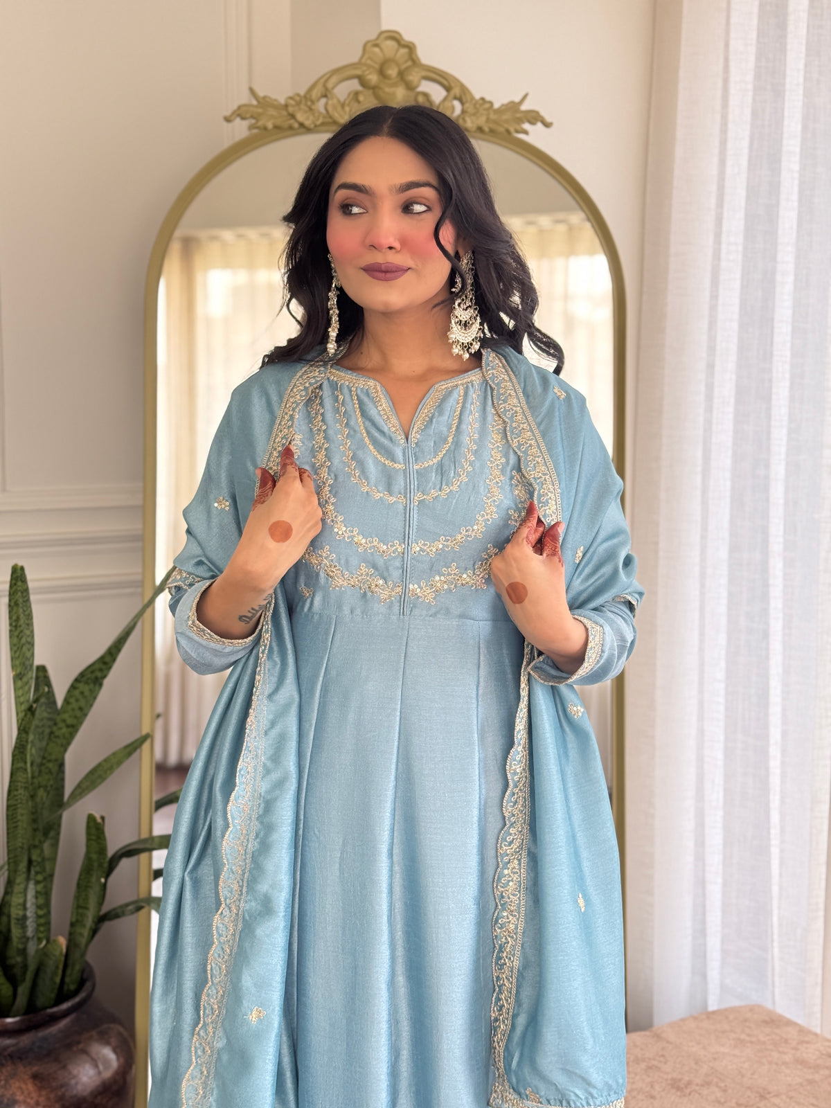 Women's Embroidered Anarkali and Pant with Dupatta Set