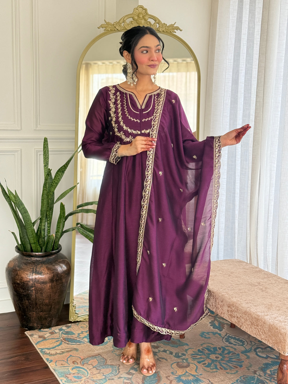 Women's Embroidered Anarkali and Pant with Dupatta Set